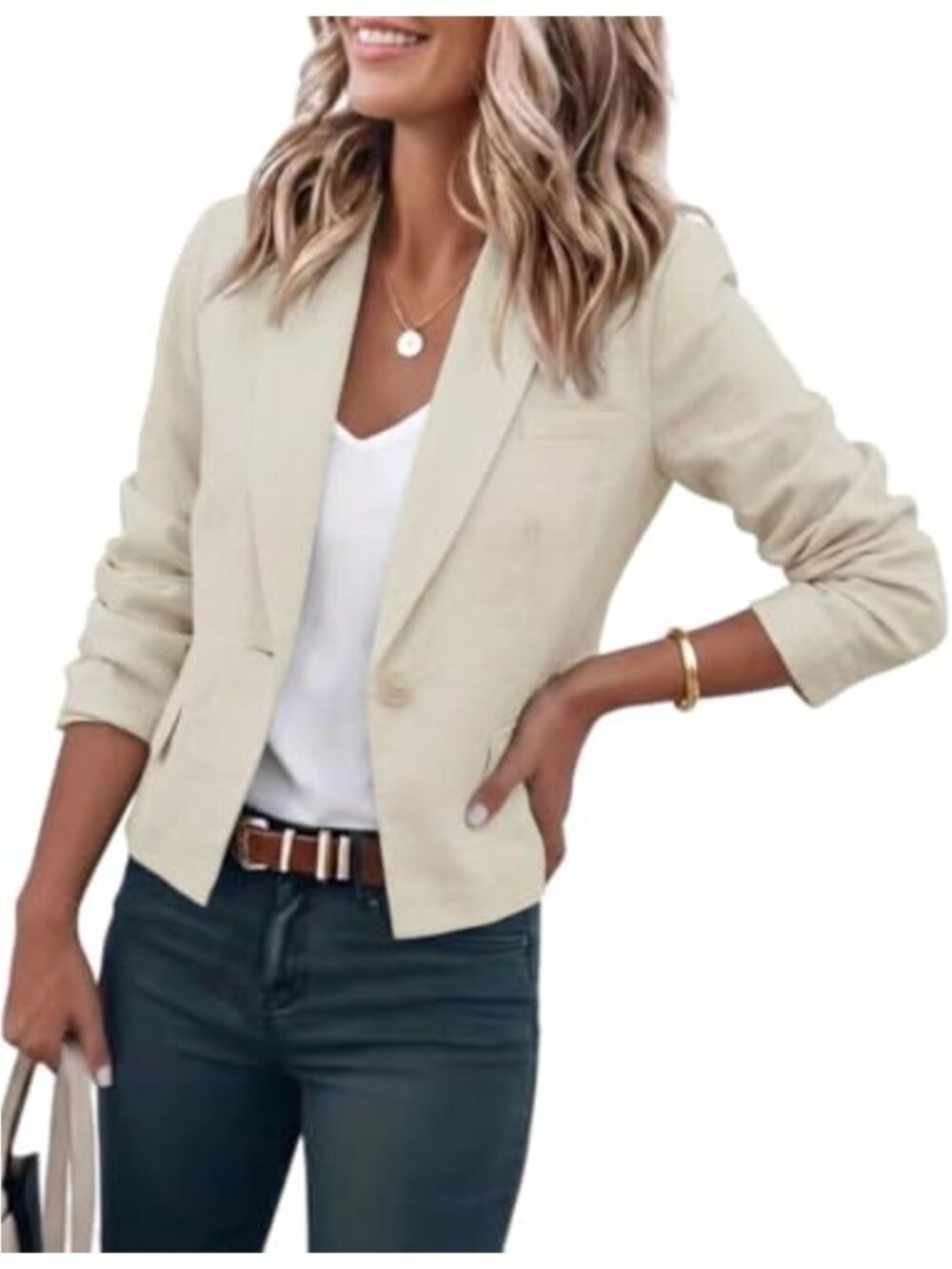 Womens Cropped Linen Blazer Cotton Linen One Button Suit Jacket Office